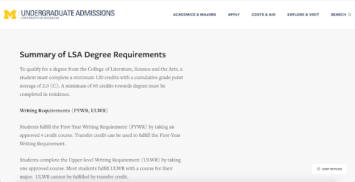 Webpage listing LSA degree requirements