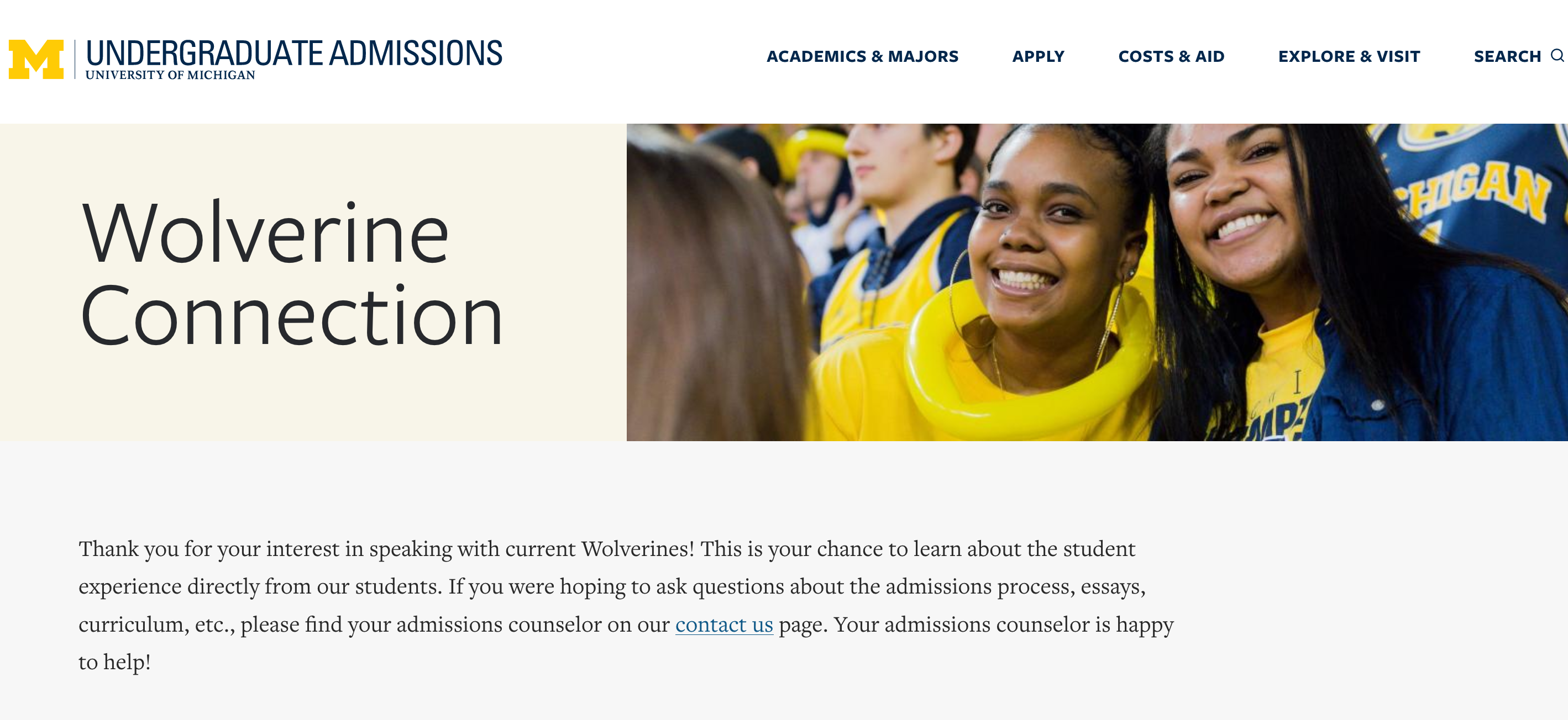 Wolverine Connection resource on the admissions website