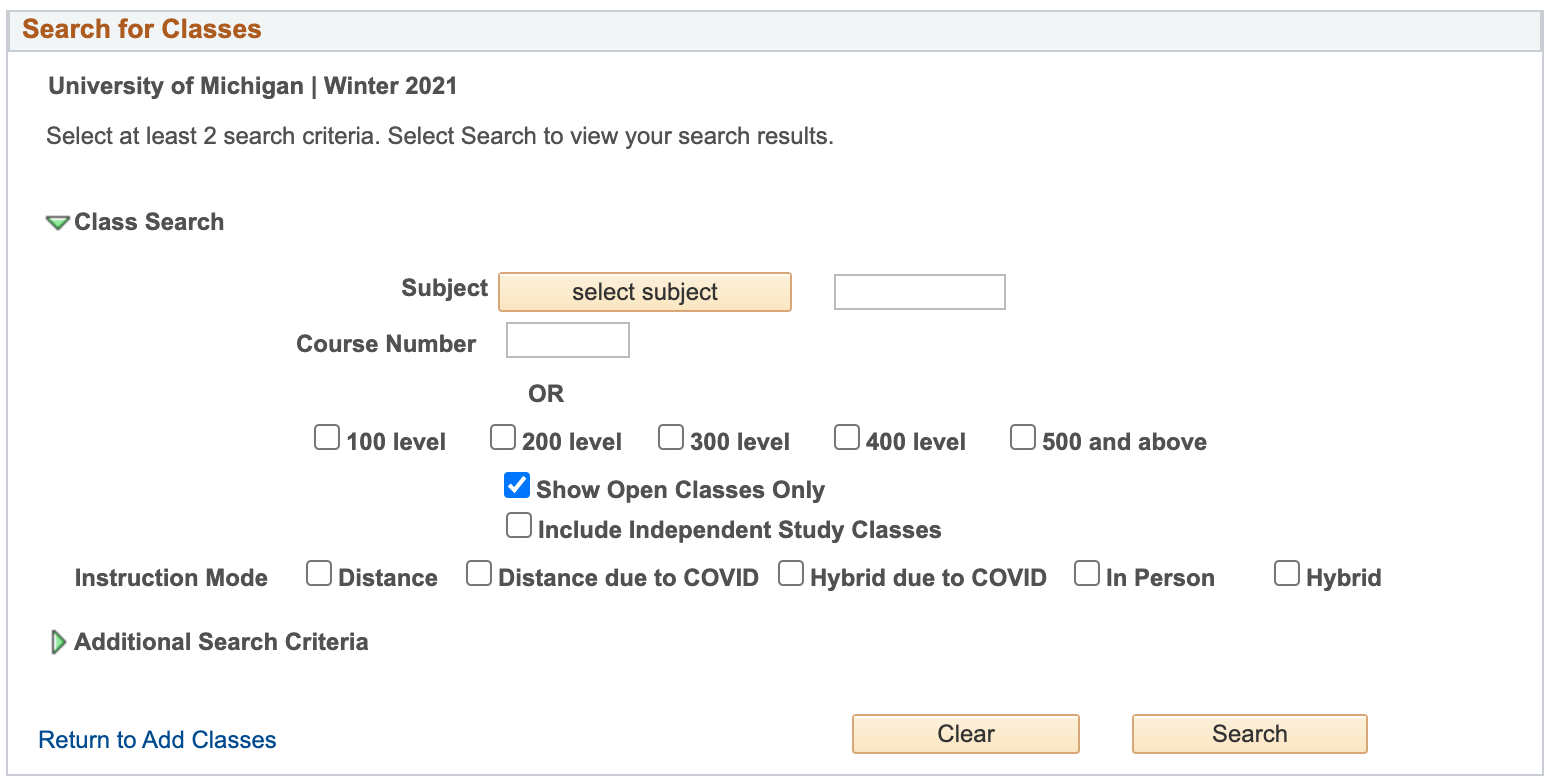 screenshot of class search