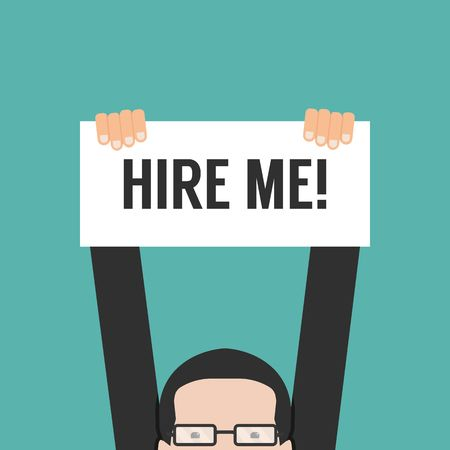 drawing of man holding hire me sign