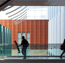 Silhouette of a student carrying a skateboard through the Ross School of Business