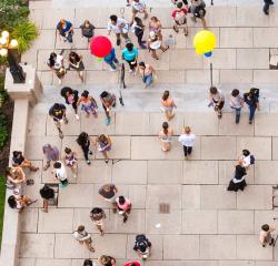 Overhead view of students on the steps of the Michigan Union